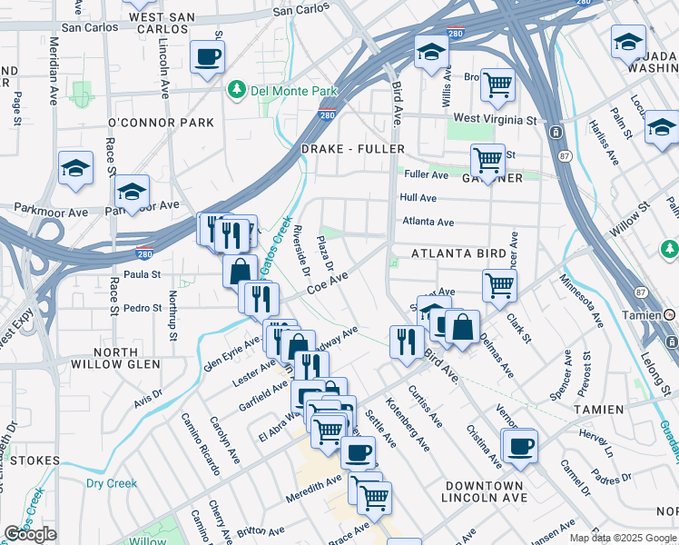 map of restaurants, bars, coffee shops, grocery stores, and more near 747 Coe Avenue in San Jose
