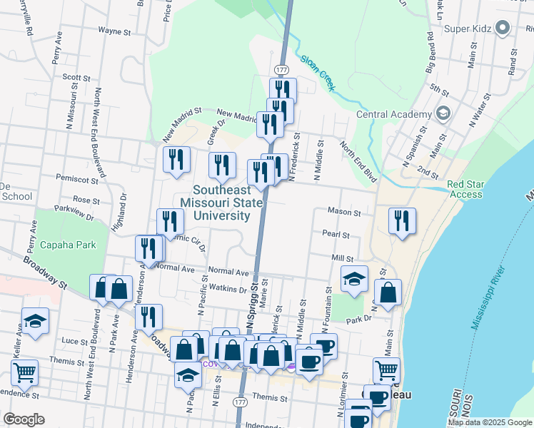 map of restaurants, bars, coffee shops, grocery stores, and more near 717 North Sprigg Street in Cape Girardeau