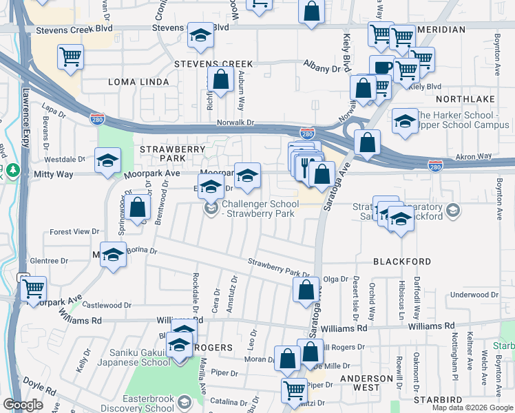 map of restaurants, bars, coffee shops, grocery stores, and more near 716 Rockwood Drive in San Jose