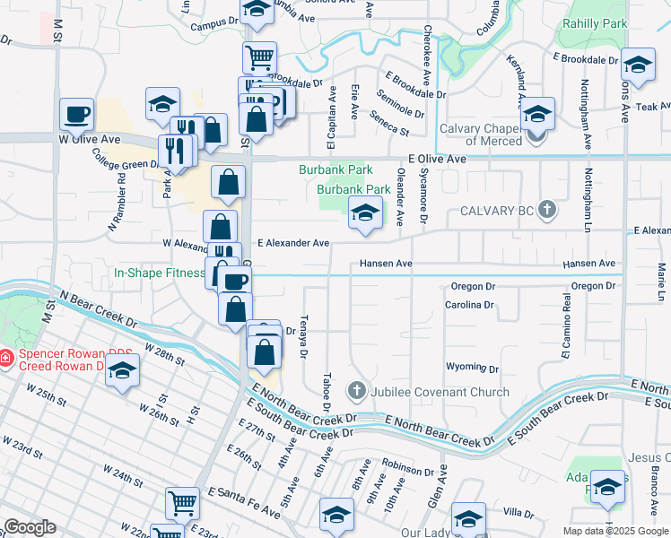 map of restaurants, bars, coffee shops, grocery stores, and more near 2972 Tahoe Drive in Merced