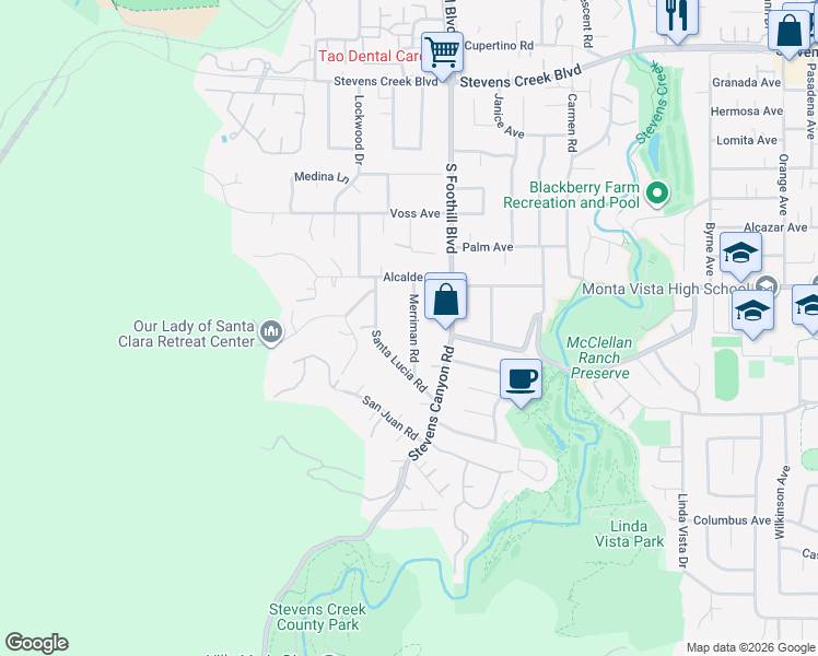 map of restaurants, bars, coffee shops, grocery stores, and more near 10636 Merriman Road in Cupertino