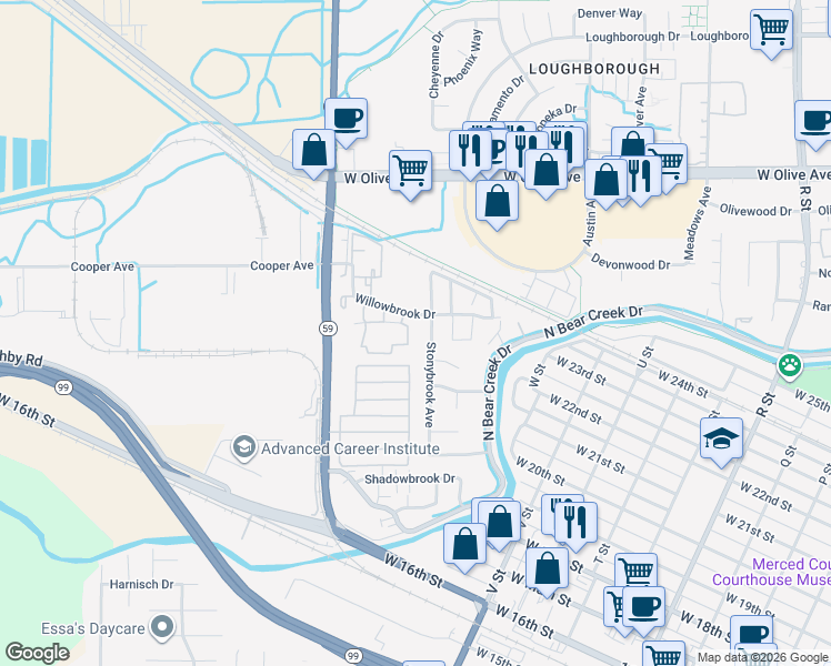 map of restaurants, bars, coffee shops, grocery stores, and more near 2760 Stonybrook Avenue in Merced
