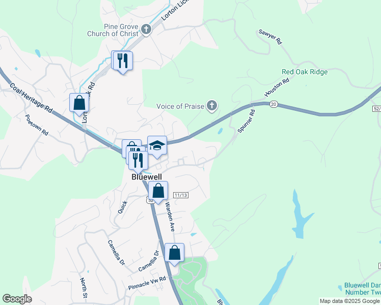 map of restaurants, bars, coffee shops, grocery stores, and more near 379 Spurrier Road in Bluefield