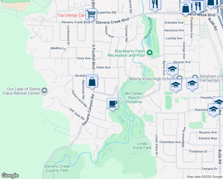 map of restaurants, bars, coffee shops, grocery stores, and more near 22342 McClellan Road in Cupertino