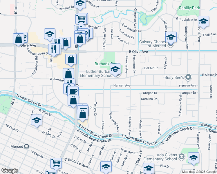 map of restaurants, bars, coffee shops, grocery stores, and more near 2966 Tahoe Drive in Merced