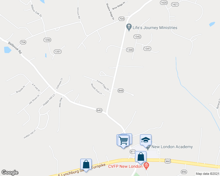 map of restaurants, bars, coffee shops, grocery stores, and more near 1023 Forest Edge Drive in Forest