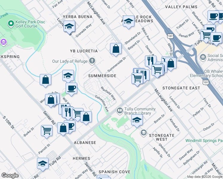 map of restaurants, bars, coffee shops, grocery stores, and more near 2286 Warfield Way in San Jose