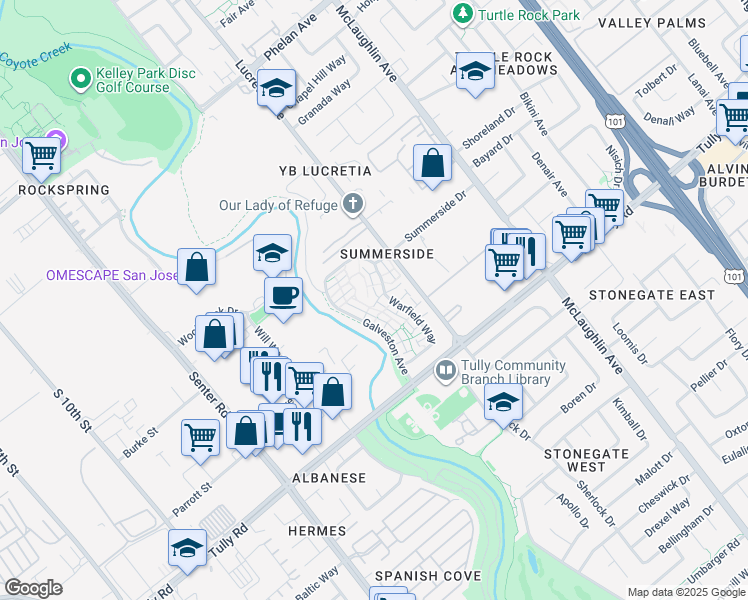 map of restaurants, bars, coffee shops, grocery stores, and more near 2245 Warfield Way in San Jose