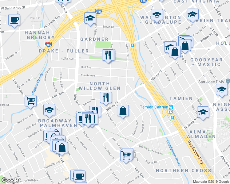 map of restaurants, bars, coffee shops, grocery stores, and more near 1006 Delmas Avenue in San Jose