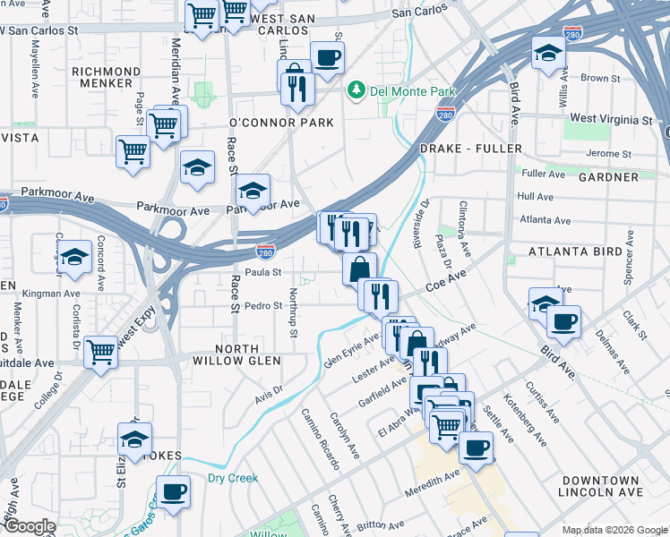 map of restaurants, bars, coffee shops, grocery stores, and more near 801 Paula Street in San Jose