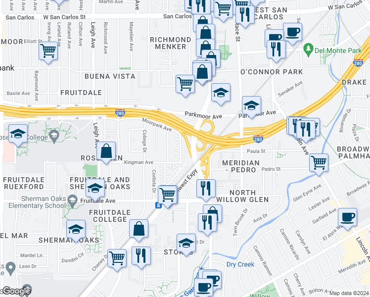 map of restaurants, bars, coffee shops, grocery stores, and more near 1411 Kingman Avenue in San Jose