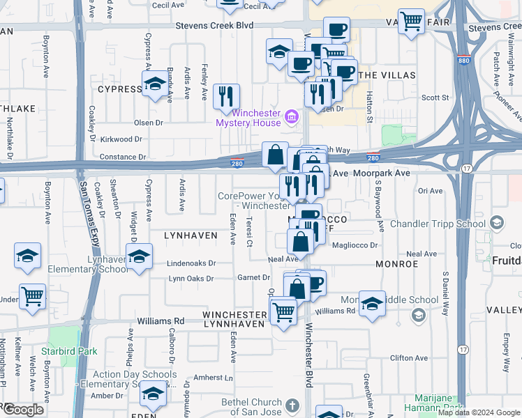 map of restaurants, bars, coffee shops, grocery stores, and more near 737 Opal Drive in San Jose