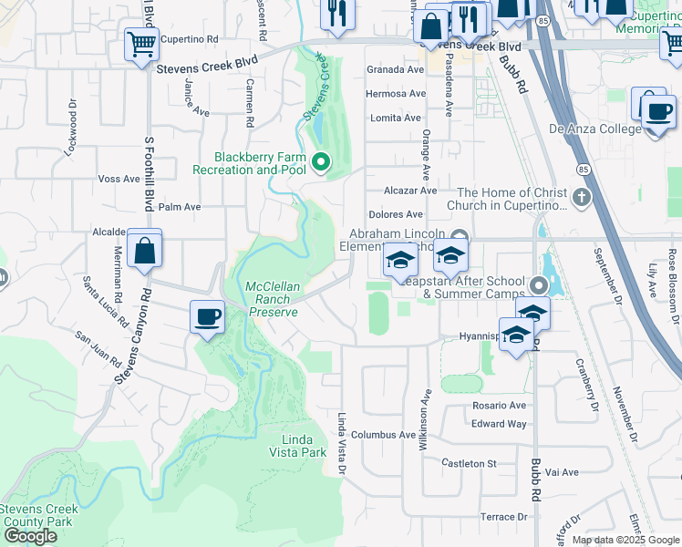 map of restaurants, bars, coffee shops, grocery stores, and more near 22000 McClellan Road in Cupertino