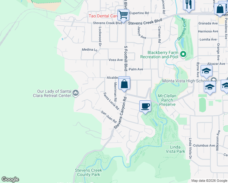 map of restaurants, bars, coffee shops, grocery stores, and more near 10636 Merriman Road in Cupertino