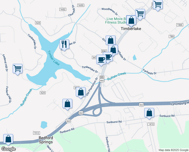 map of restaurants, bars, coffee shops, grocery stores, and more near 33 Old Plantation Drive in Lynchburg