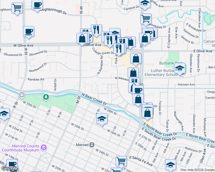 map of restaurants, bars, coffee shops, grocery stores, and more near 338 Saint Michelle Court in Merced