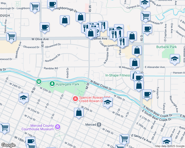map of restaurants, bars, coffee shops, grocery stores, and more near 524 Saint Kevin Court in Merced