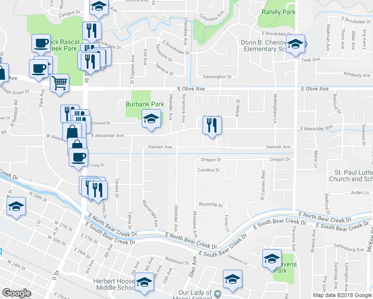 map of restaurants, bars, coffee shops, grocery stores, and more near 874 Hansen Avenue in Merced