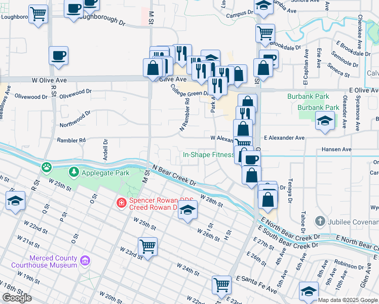 map of restaurants, bars, coffee shops, grocery stores, and more near 378 Saint Michelle Court in Merced