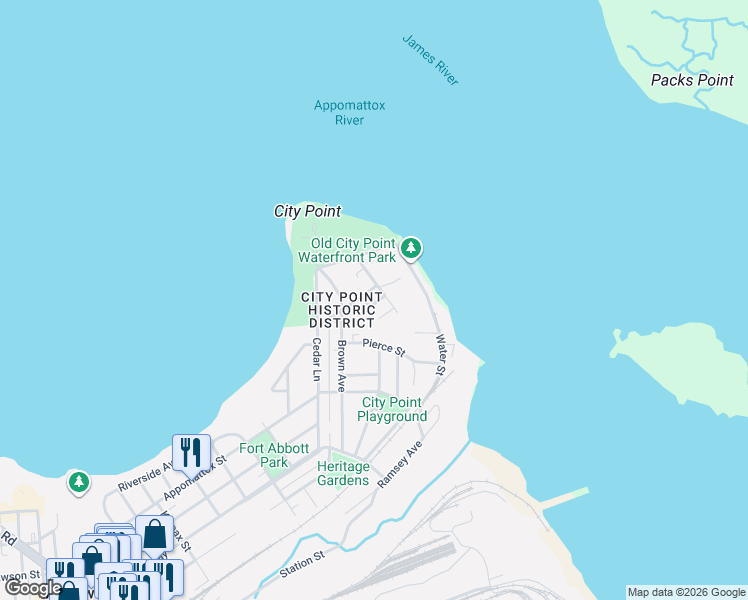 map of restaurants, bars, coffee shops, grocery stores, and more near 1023 Bank Street in Hopewell
