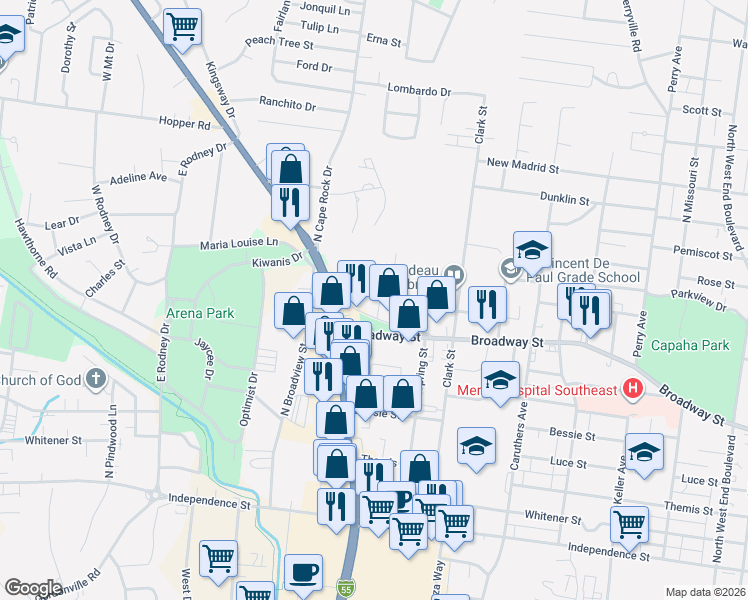 map of restaurants, bars, coffee shops, grocery stores, and more near 2312 Kingsway Drive in Cape Girardeau