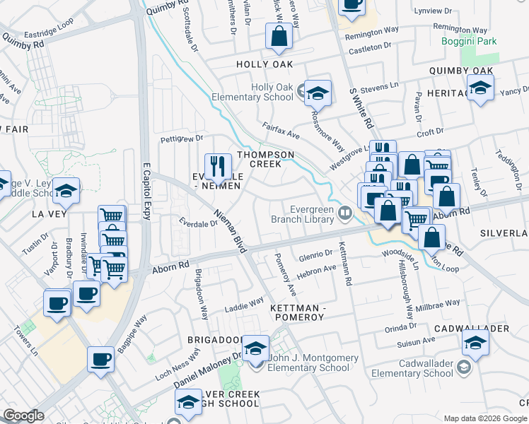 map of restaurants, bars, coffee shops, grocery stores, and more near 3211 Pentland Court in San Jose