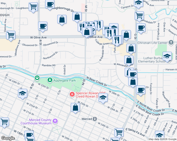 map of restaurants, bars, coffee shops, grocery stores, and more near in Merced