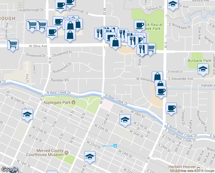 map of restaurants, bars, coffee shops, grocery stores, and more near 524 Saint Kevin Court in Merced