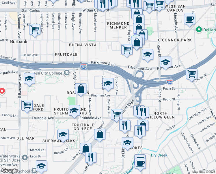 map of restaurants, bars, coffee shops, grocery stores, and more near 742 Chatsworth Place in San Jose
