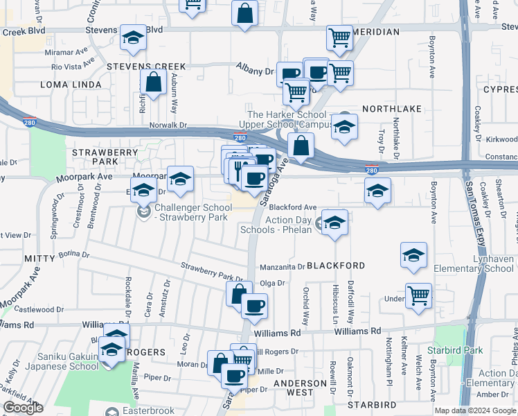 map of restaurants, bars, coffee shops, grocery stores, and more near Saratoga Avenue & Blackford Avenue in San Jose
