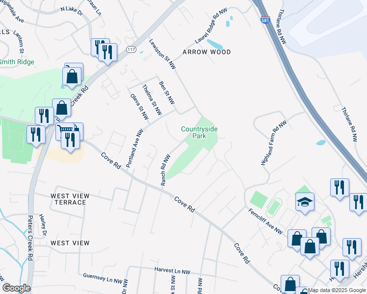 map of restaurants, bars, coffee shops, grocery stores, and more near 2317 Ranch Road Northwest in Roanoke