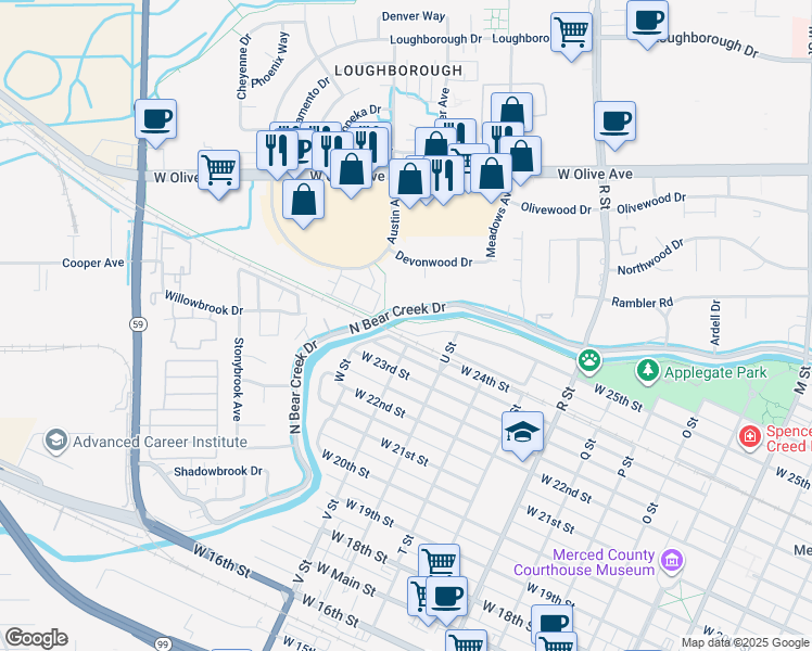 map of restaurants, bars, coffee shops, grocery stores, and more near 1463 West 25th Street in Merced