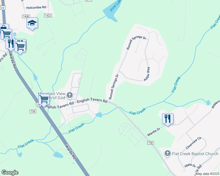 map of restaurants, bars, coffee shops, grocery stores, and more near 112 Russell Springs Drive in Lynchburg