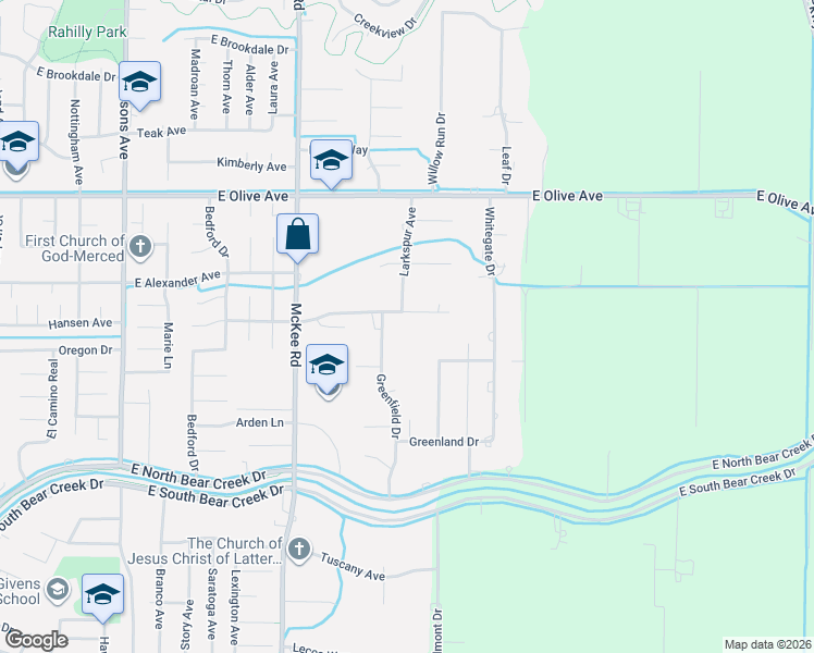 map of restaurants, bars, coffee shops, grocery stores, and more near 2546 Cedar Crest Court in Merced