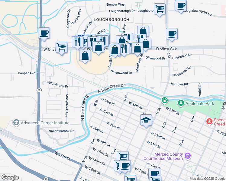 map of restaurants, bars, coffee shops, grocery stores, and more near 1463 West 25th Street in Merced