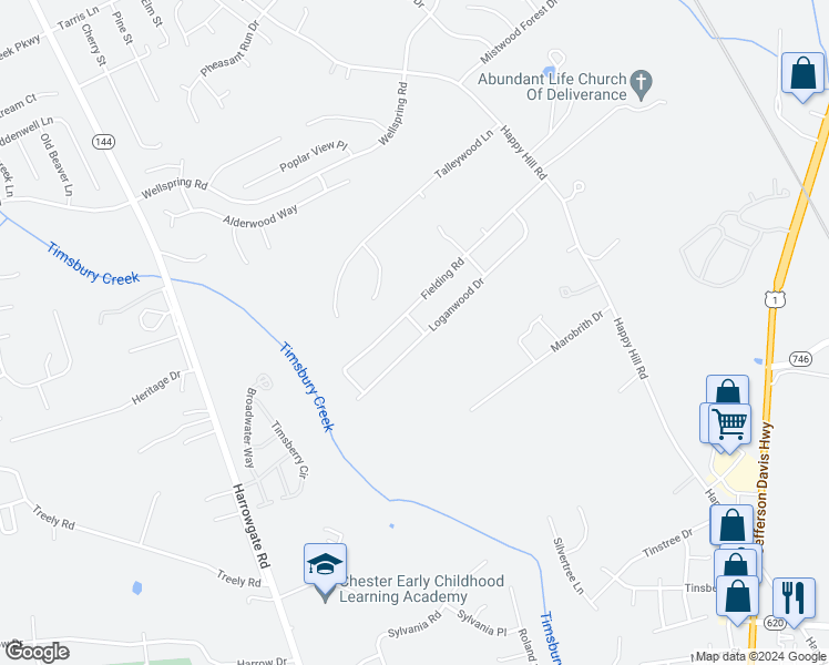 map of restaurants, bars, coffee shops, grocery stores, and more near 3200 Loganwood Drive in Colonial Heights