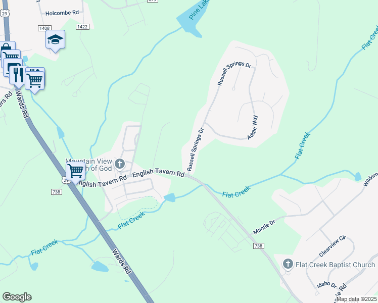 map of restaurants, bars, coffee shops, grocery stores, and more near 112 Russell Springs Drive in Lynchburg