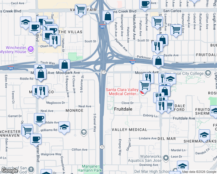 map of restaurants, bars, coffee shops, grocery stores, and more near 870 Catkin Court in San Jose