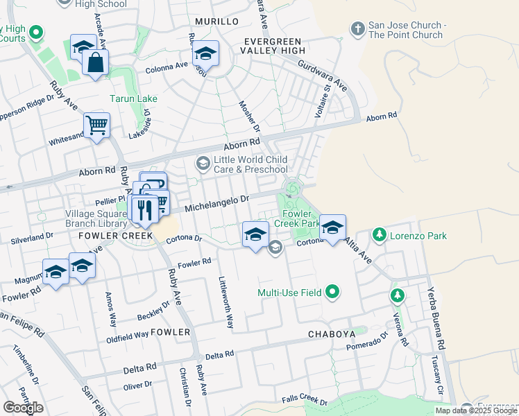 map of restaurants, bars, coffee shops, grocery stores, and more near 3301 Villa Contessa Court in San Jose
