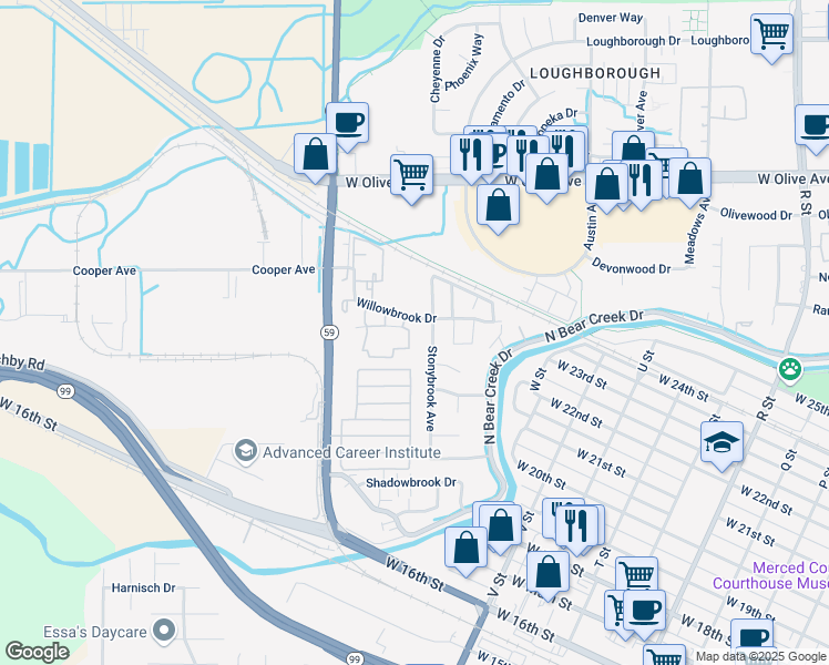 map of restaurants, bars, coffee shops, grocery stores, and more near 1754 Willowbrook Drive in Merced
