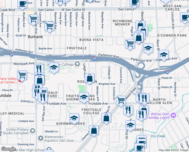 map of restaurants, bars, coffee shops, grocery stores, and more near 723 Menker Avenue in San Jose