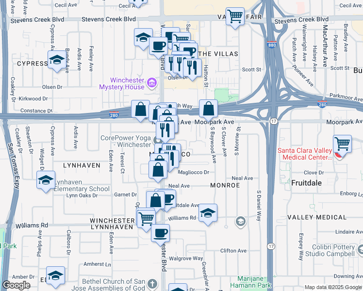 map of restaurants, bars, coffee shops, grocery stores, and more near 3101 Magliocco Drive in San Jose