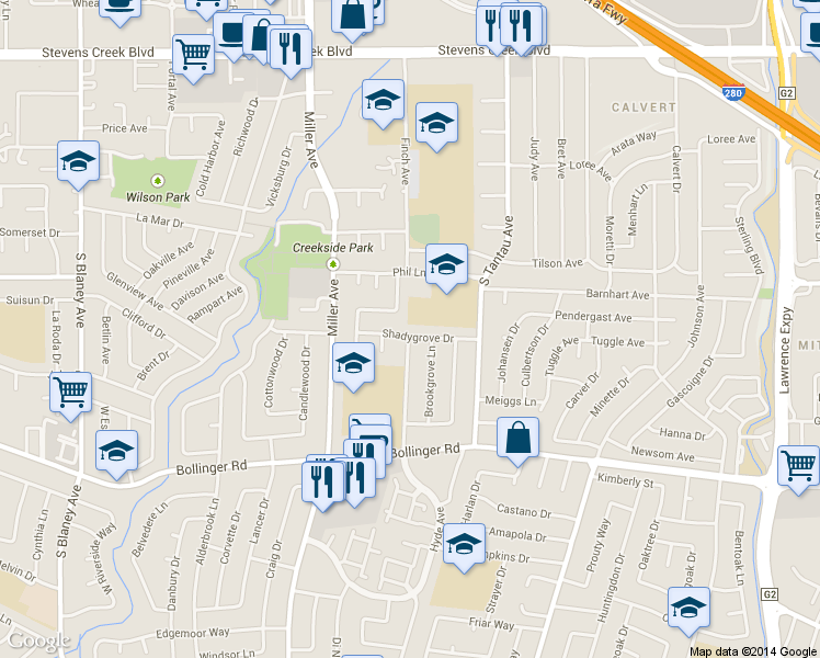 map of restaurants, bars, coffee shops, grocery stores, and more near 852 Hyde Avenue in Cupertino