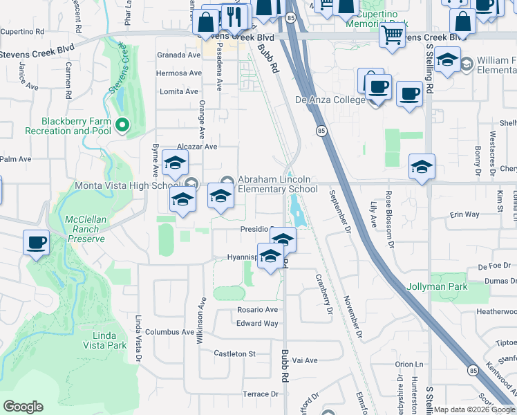 map of restaurants, bars, coffee shops, grocery stores, and more near 8129 Park Villa Circle in Cupertino