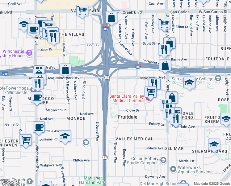 map of restaurants, bars, coffee shops, grocery stores, and more near 738 Teatree Court in San Jose