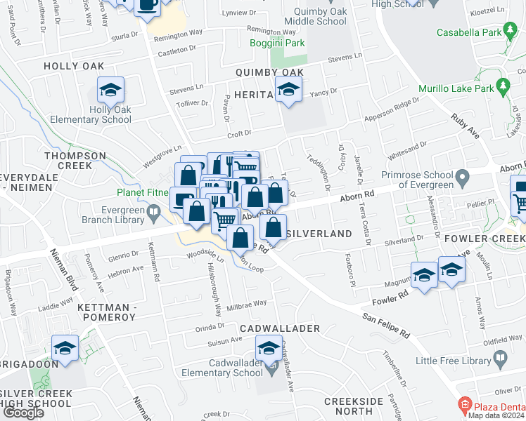 map of restaurants, bars, coffee shops, grocery stores, and more near Aborn Rd & Lusardi Dr in San Jose