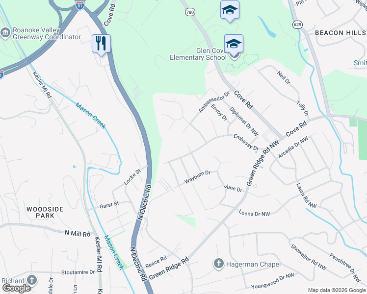 map of restaurants, bars, coffee shops, grocery stores, and more near 3023-3025 Embassy Drive in Roanoke