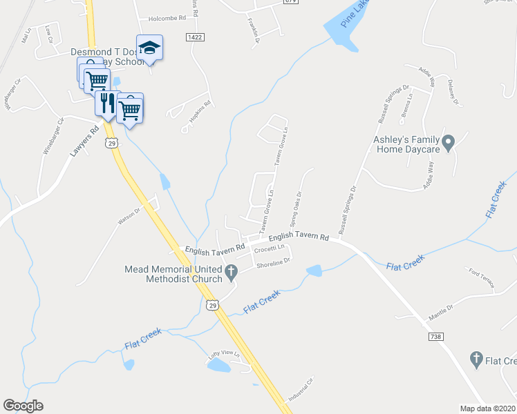 map of restaurants, bars, coffee shops, grocery stores, and more near 46 Old Tavern Circle in Lynchburg