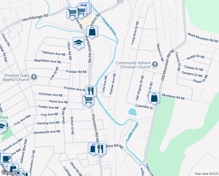 map of restaurants, bars, coffee shops, grocery stores, and more near 4326 Palmer Ave NE in Roanoke