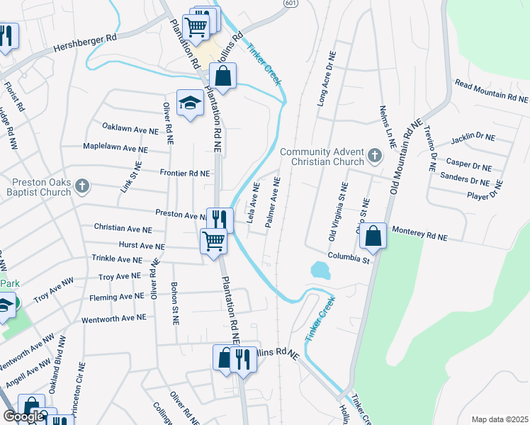map of restaurants, bars, coffee shops, grocery stores, and more near 4326 Palmer Ave NE in Roanoke